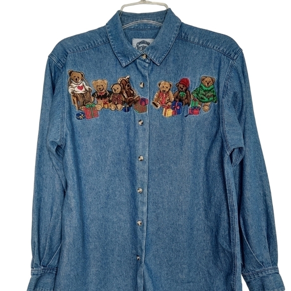 Vintage Cambridge Dry Goods Women's Large Denim Shirt Embroidered Teddy Bear EUC - Picture 2 of 11